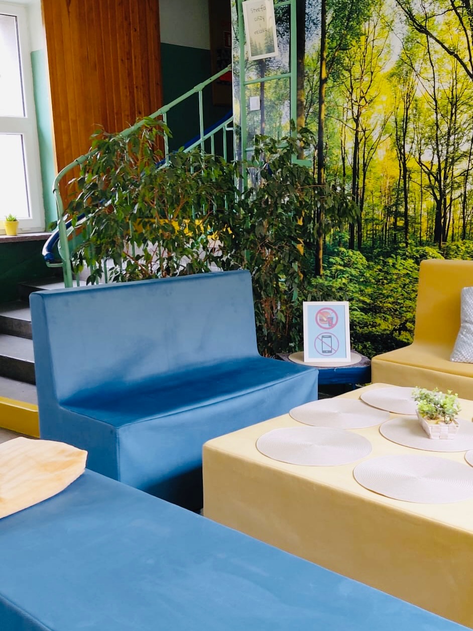 Kolorowe kanapy i poduszki, fototapeta z widokiem na las